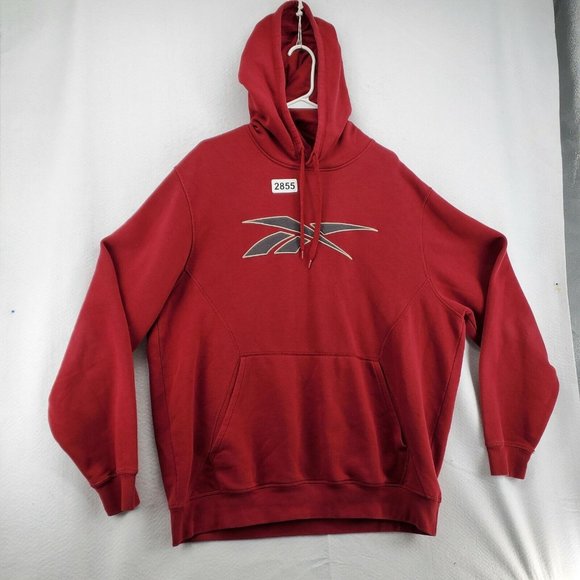 REEBOK Shirt Men's Long Sleeve Hooded Pullover Sweatshirt Drawstring Red XL - Picture 12 of 12